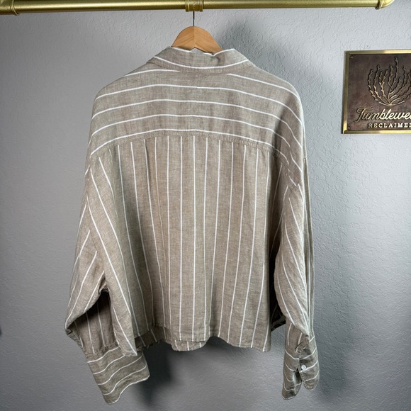 Banana Republic Womens XXL Tan White Striped 100% Linen Boxy Cropped Shirt - Picture 8 of 8